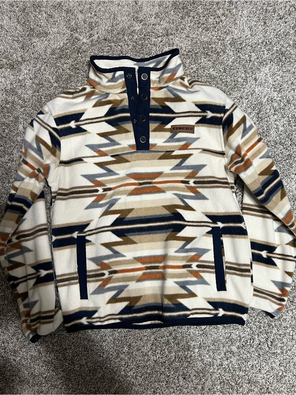 Cinch Boys Aztec Print Snap-Front Fleece Pullover - Cream/Navy/Tan